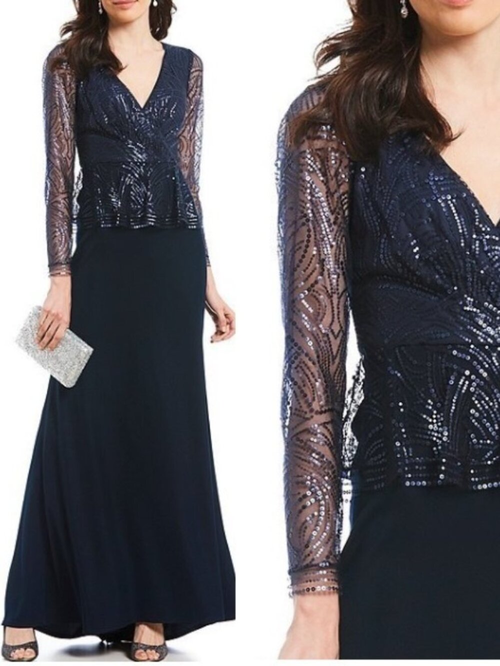 NWT Tadashi Shoji Aldrin Long-Sleeve Sequin Gown Dress Navy size 2 BJH19161L